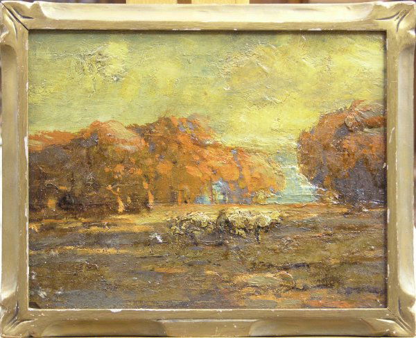 Painting Karl Schmidt Californian tonal: Framed oil on board, California Live Oaks, by Karl Schmidt (Californian 1890-1962), unsigned, stamped September 1915 verso, sight: 7.5''H x 9.5''W, overall: 8 3/4''H x 10 5/8''W. Museum deaccession.