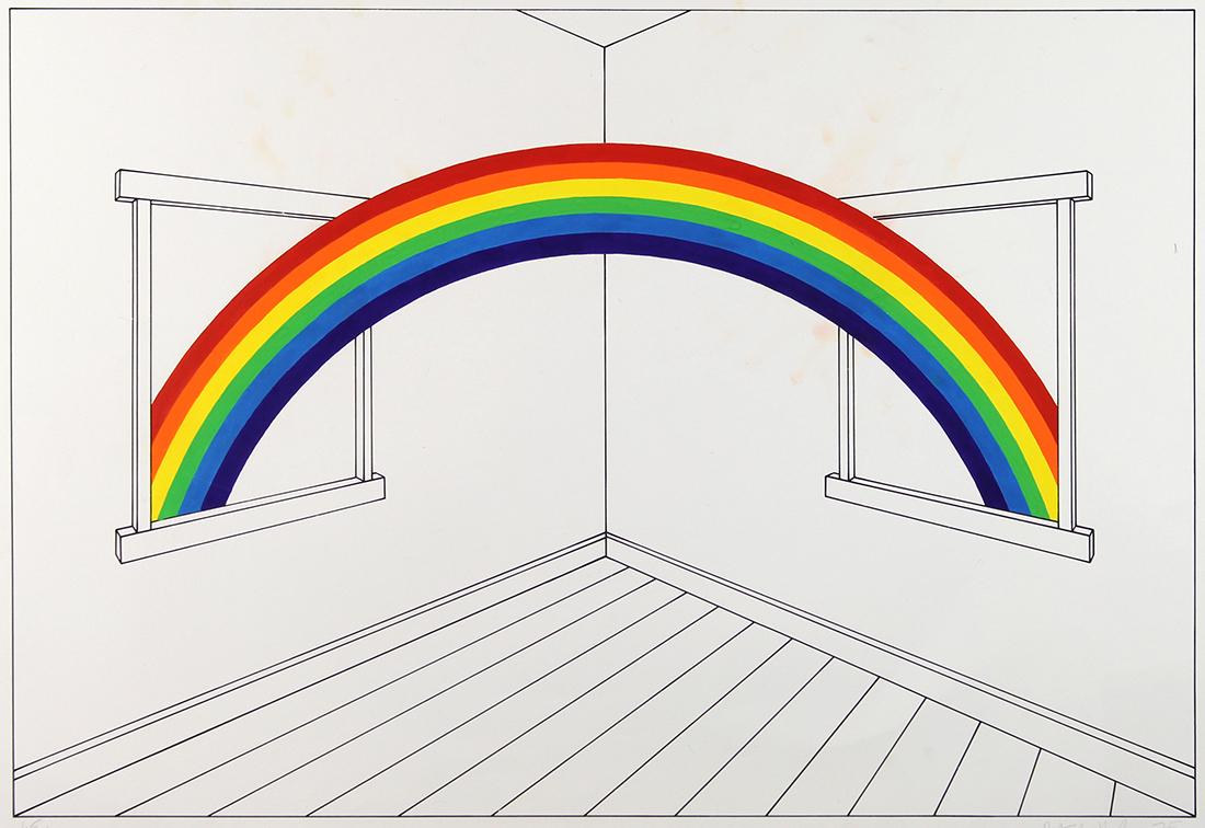 Print, Patrick Hughes, Rainbow Room: Patrick Hughes (British, b. 1934), Rainbow Room, 1975, screenprint with aquatint, pencil signed and dated lower right, edition 45/74, sheet (unframed): 27.5"h x 40.75"w. Provenance: Triton Museum (San