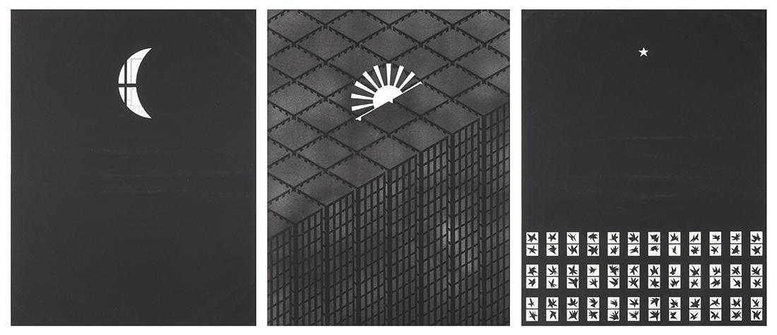 Prints, Patrick Hughes: (lot of 3) Patrick Hughes (British, b. 1934), "Black Stars," 1980, aquatint, pencil signed lower right and dated, titled center, edition A/P I/XII, "Moon Room," 1980, aquatint, pencil signed lower rig