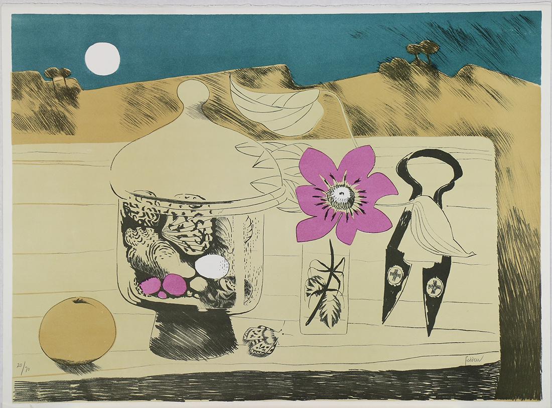 Print, Mary Fedden: Mary Fedden (British, 1915-2012), "Pot of Shells," 1971, lithograph, signed lower right, edition 20/70, sheet (unframed): 22.5"h x 30.5"w. Provenance: Triton Museum of Art (Santa Clara, CA)