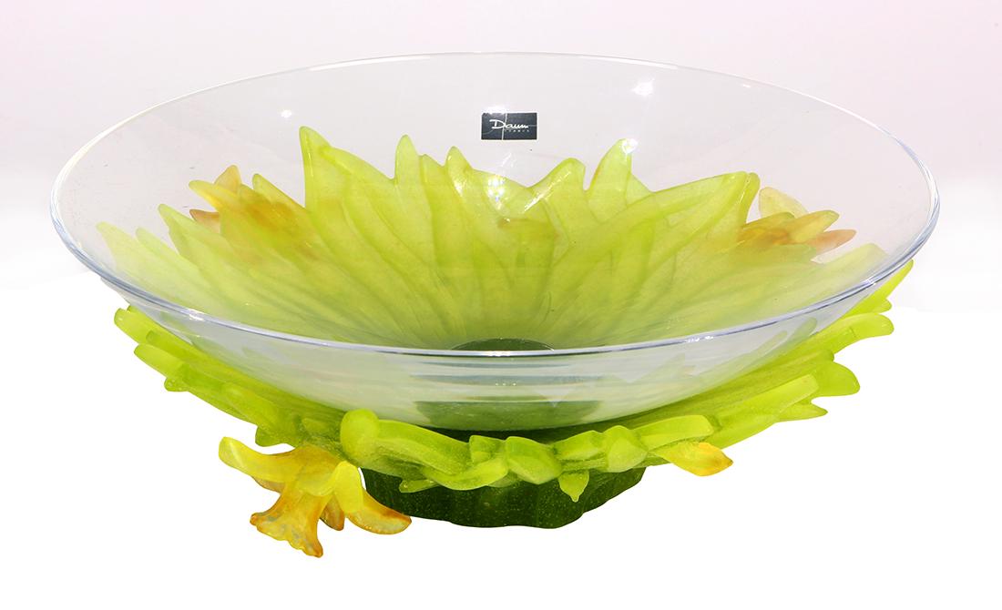 Daum, France, pate de verre and clear glass "Jonquille": Daum, France, pate de verre and clear glass "Jonquille" centerpiece, having a clear glass bowl, above the orange to green base with daffodil accents, signed on underside, and retains original box, 4.5
