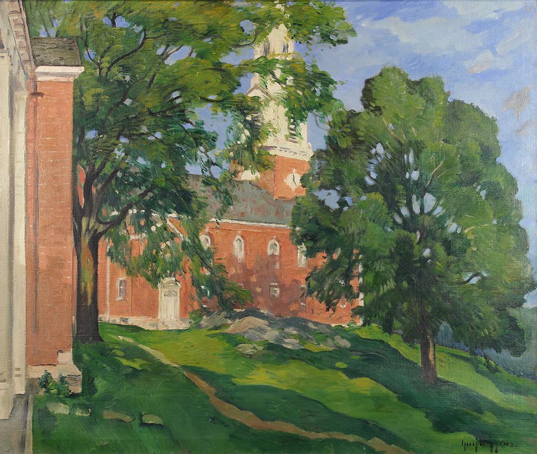Painting, Guy Carleton Wiggins: Guy Carleton Wiggins (American, 1883-1962), "Church at Storrs (Connecticut)," oil on canvas, signed lower right, signed and titled verso, canvas: 34"h x 40"w, overall (with frame): 42.75"h x 48.75"w.