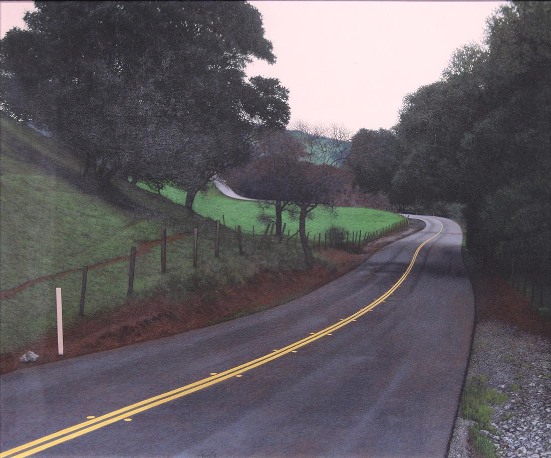 Painting, Gus Heinze: Gus Heinze (American/German, b. 1926), "Marin Sonoma (California) Border," 1990, acrylic on gesso panel, signed lower center, gallery label (Modernism Gallery, San Francisco, CA) affixed verso, panel: