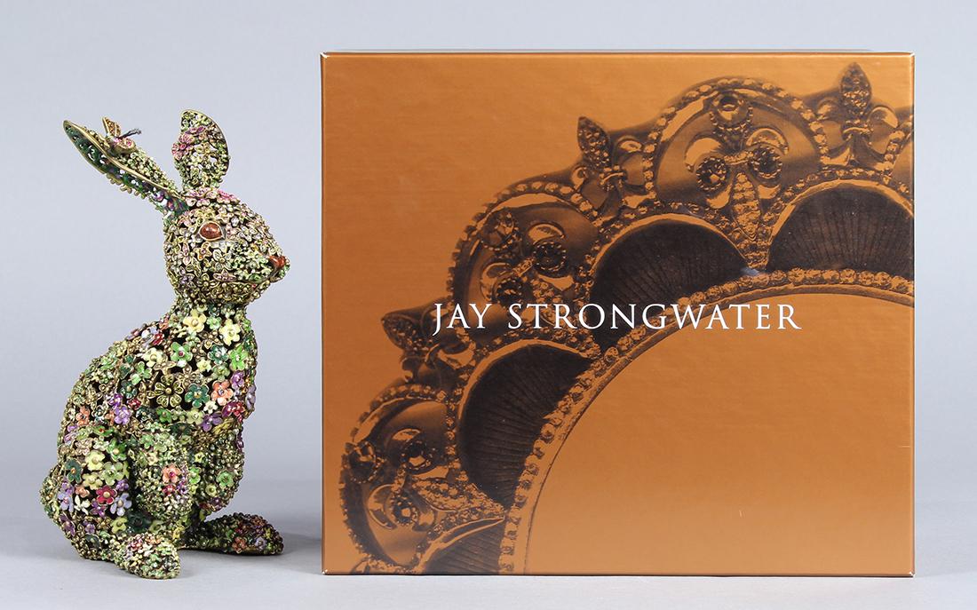 Jay Strongwater limited edition "Sacha" Boxwood Bunny: Jay Strongwater limited edition "Sacha" Boxwood Bunny numbered 241 of 250, the flower-encrusted boxwood bunny having a bee perched on his ear, hand enameled and hand set with SwarovskiÂ® crystals, w