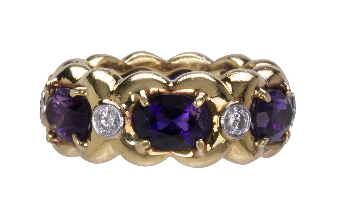 Verdura amethyst, diamond and 18k yellow gold eternity: Verdura amethyst, diamond and 18k yellow gold eternity band Featuring (6) oval-cut amethysts, weighing a total of approximately 4.50 cts., accented by (6) full-cut diamonds, weighing a total of approx
