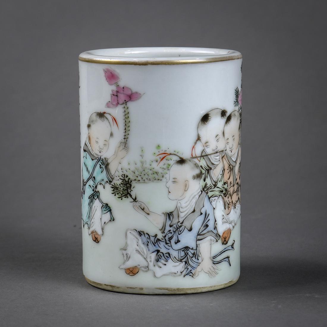 Chinese Small Porcelain Brush Pot, Children, (1 of 5)
