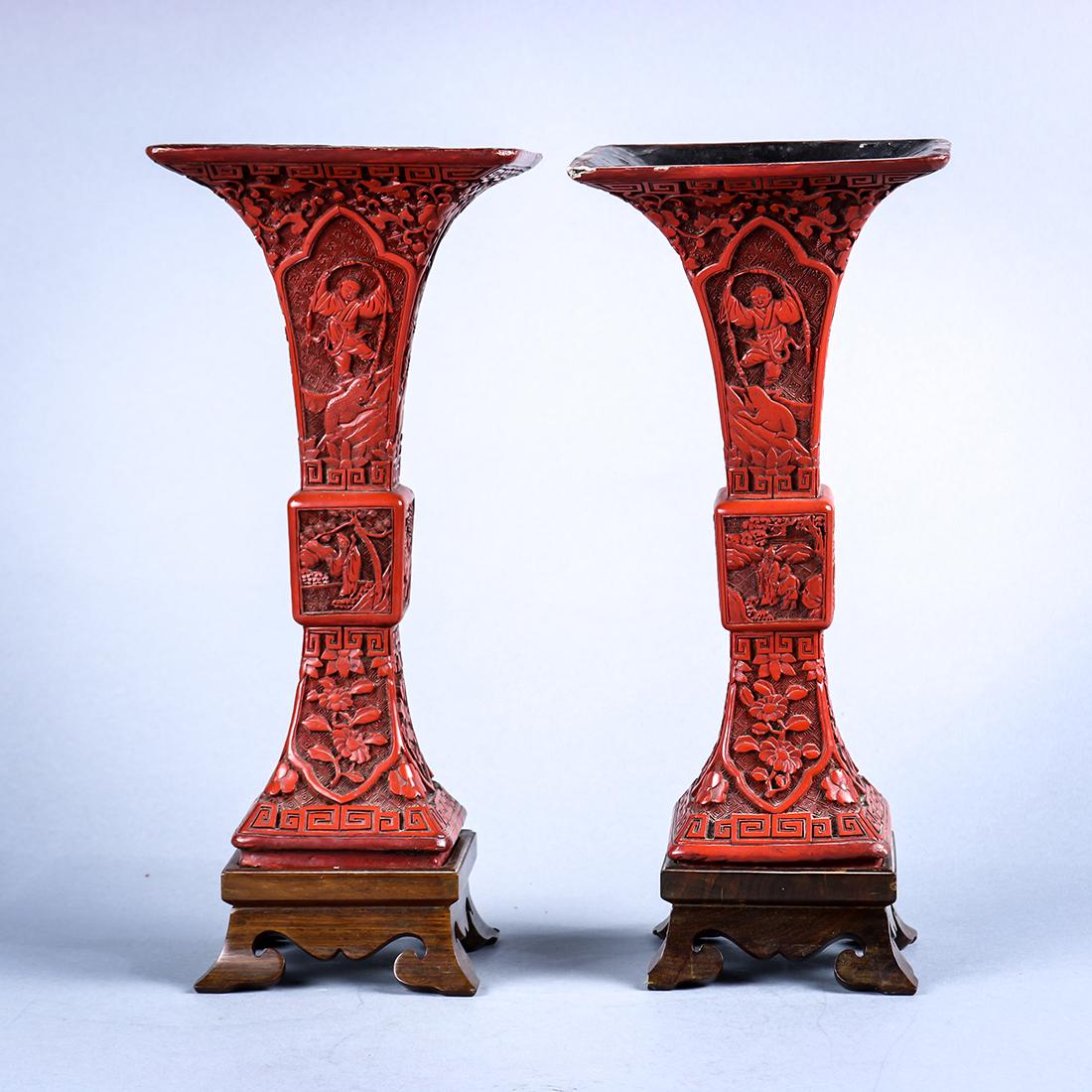 Chinese Cinnabar Lacquer Gu Vases (1 of 6)
