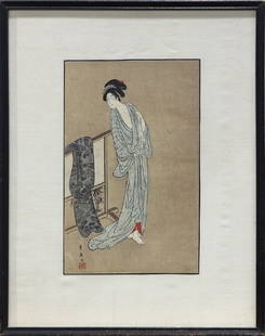 Japanese Woodblock Print, Utagawa Toyohiro: Utagawa Toyohiro (Japanese, (1773–1828), woodblock print, depicting a woman undressing by the tsuitate, lower left with the signature and seal, sight: 12"h x 7.5"w, frame: 18.75"h x 14.75"w