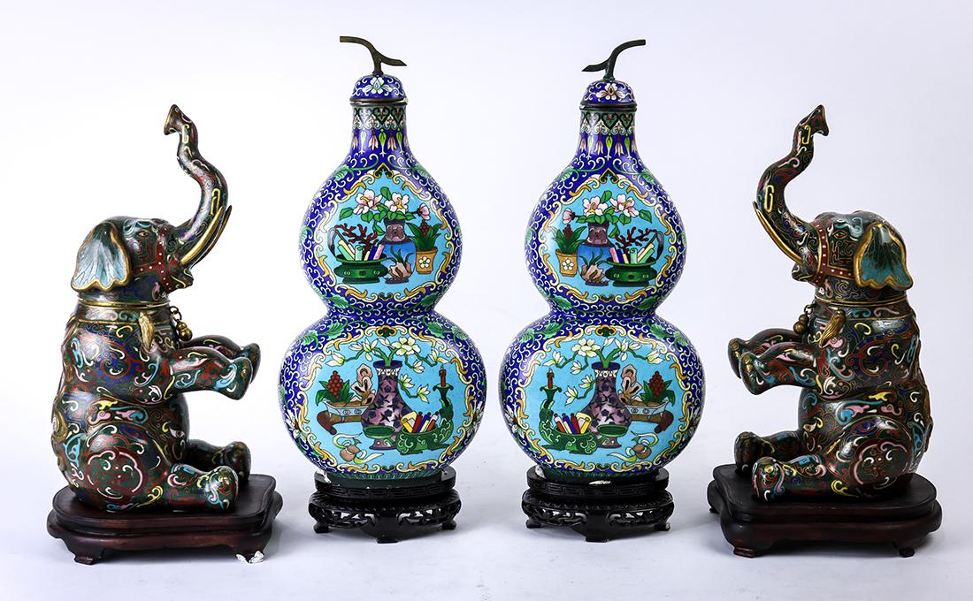 Chinese Cloisonne Enamel Metal Vases, Elephant Vessels (1 of 3)