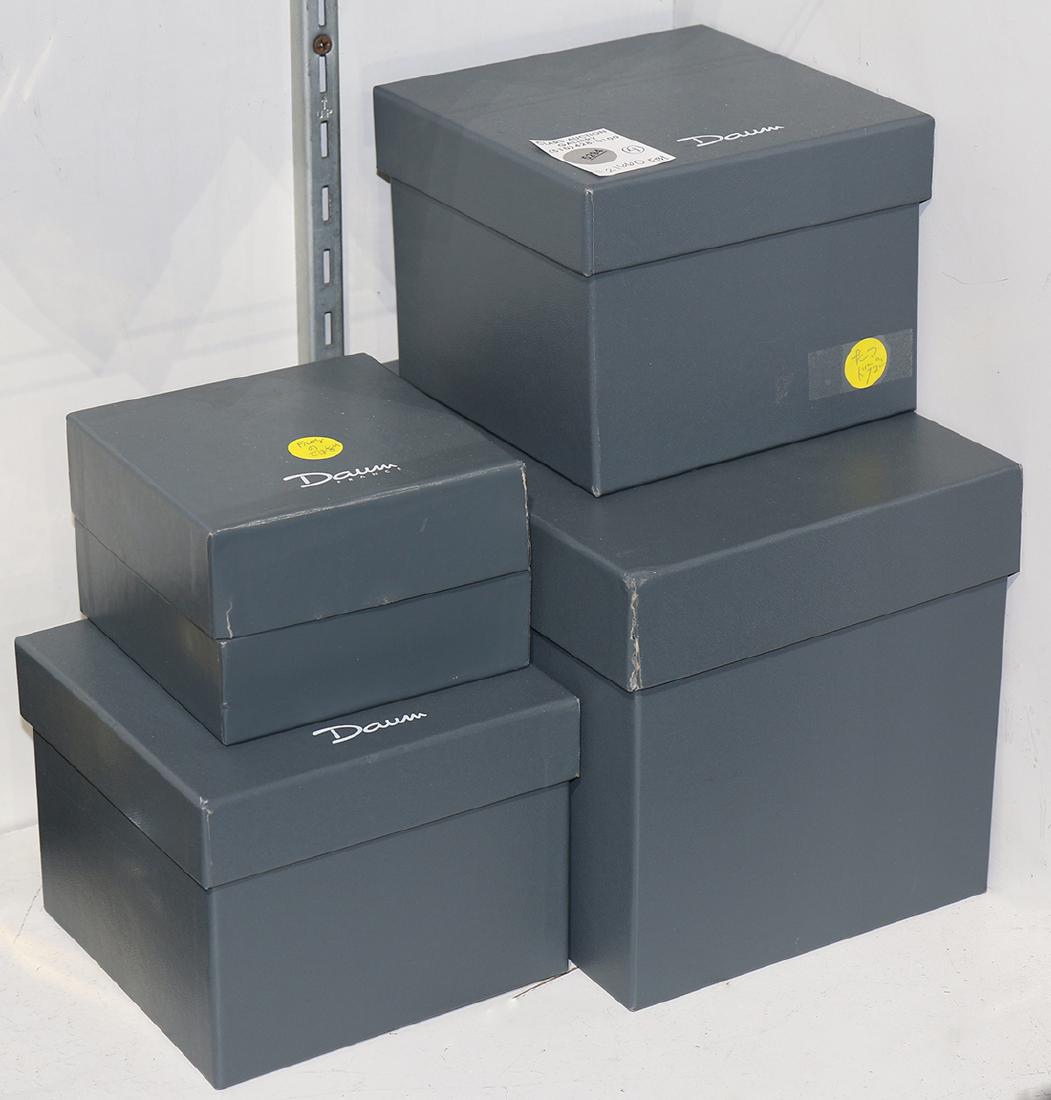 Daum France boxes: (lot of 4) Daum France boxes, the lidded boxes come with a fitted interior, largest, 7"h x 9"w x 7"d