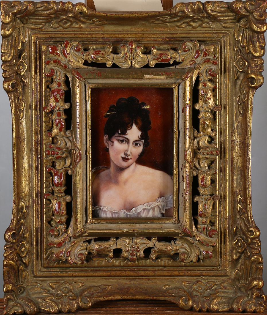 Portrait of a Brunette, Painting: German School (20th century), Portrait of a Brunette, oil on porcelain, unsigned, overall (with frame): 12.5"h x 10.5"w