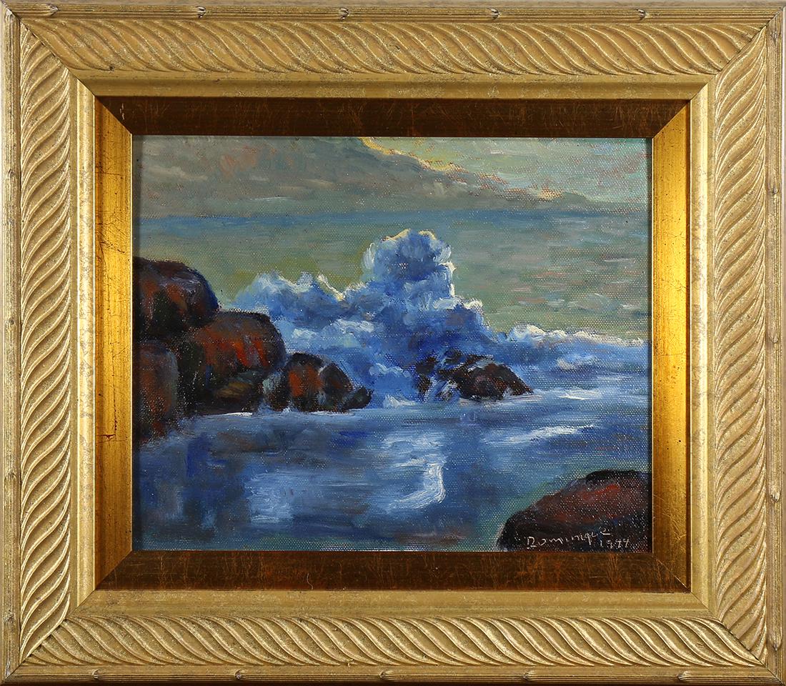 Watercolor and Painting, John A. Dominique: (lot of 2) John A. Dominique (American 1893-1994), Crashing Wave, Santa Barbara, 1944, oil on canvas, signed lower right, and Creek - Matilija Canyon, watercolor, signed lower right, largest overall (