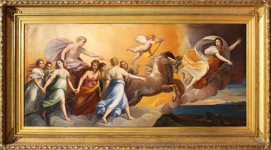 Painting, After Guido Reni, L'Aurora: After Guido Reni (Italian, 1575–1642), "L'Aurora," oil on canvas, unsigned, 18th century painting after the original fresco created in 1614, canvas: 36.75"h x 79"w, overall (with frame): 53"h x 95.2