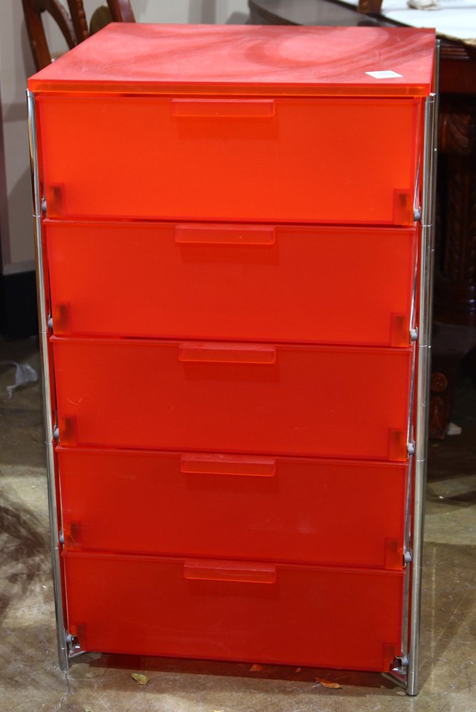 Kartell "Mobil" modular cart: Kartell "Mobil" modular cart, executed in red, having five drawers, with a chrome frame, 32.5"h x 19"w x 18"d