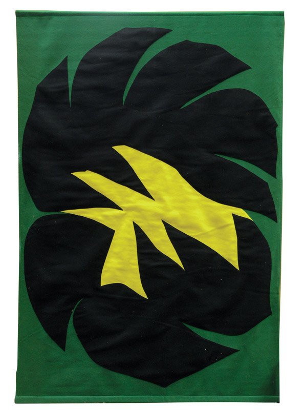 Mixed media Jack Youngerman American: Felt applique banner, Green Argosy, by Jack Youngerman (American 1926-), signed and titled verso, dated 1966, ''Betsy Ross Flag and Banner Co. Inc.'' label affixed verso, ed. 20, overall: 80''H x 56.5