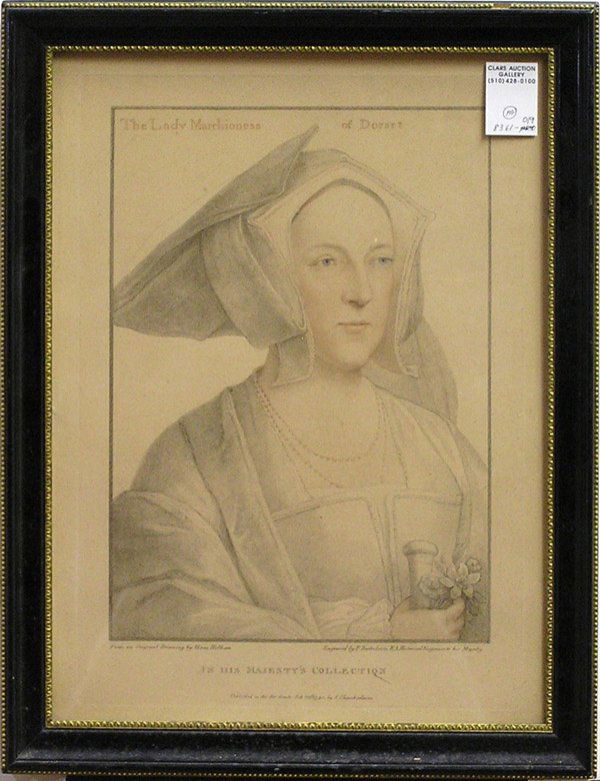 Engraving F. Bartolozzi Holbein: Framed color engraving, ''The Lady Marchioness of Dorset / In His Majesty's Collection,'' by Francesco Bartolozzi (Italian 1727-1815), after Hans Holbein, dated 1795, published by I. Chamberlaine, sig