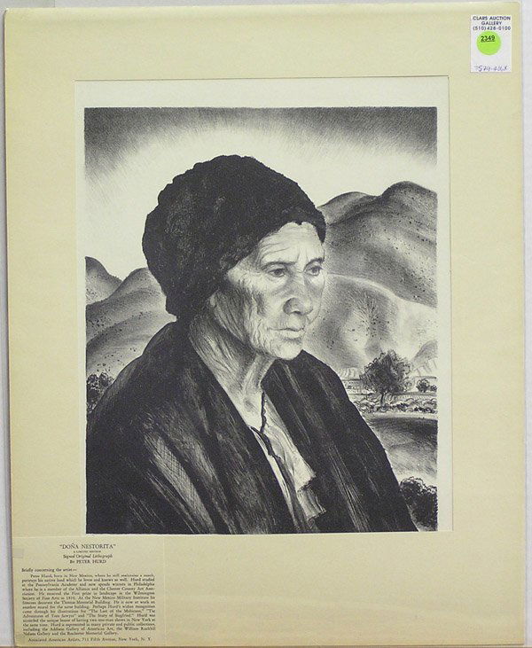 Lithograph Peter Hurd American: Unframed lithograph, ''Dona Nestorita,'' by Peter Hurd (American, 1904-1984), pencil signed lower right, inscribed lower left, published by Associated American Artists, New York, AAA label attached to