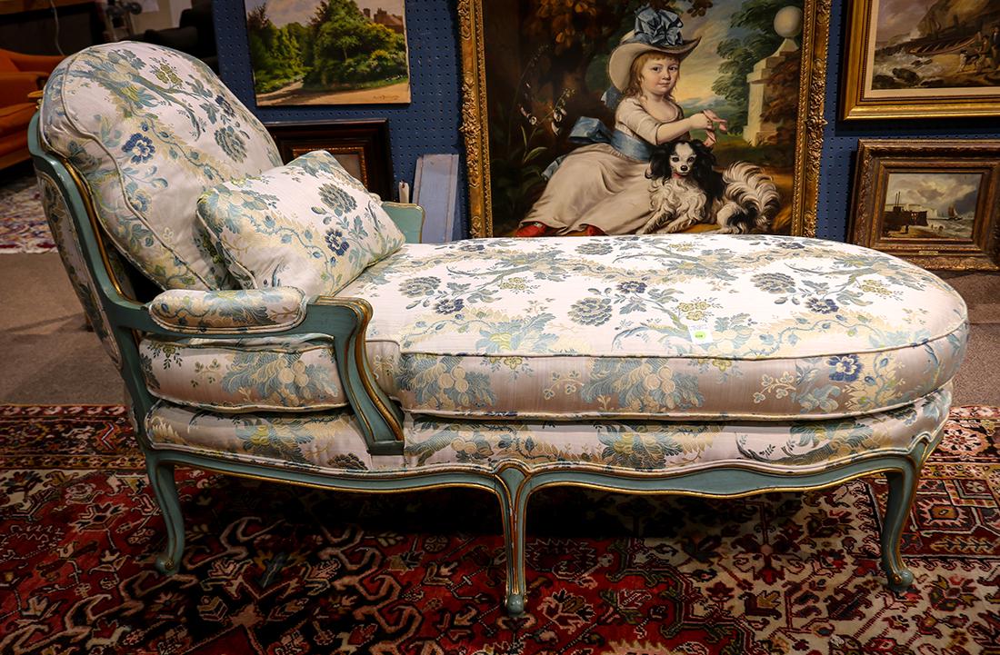 Louis XV style chaise lounge, having silk upholstery (1 of 3)