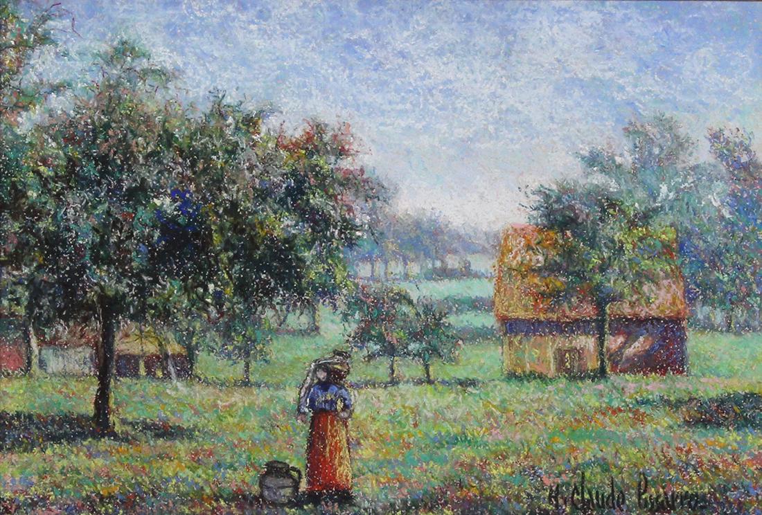 Pastel, Hughes Claude Pissarro: Hughes Claude Pissarro (French, b. 1935), Fermiere aux comes a lait (The Farmer Comes to Milk), pastel on paper, signed lower right, sight: 9.75"h x 14.25"w, overall (with frame): 20.5"h x 24.75"w. Pr