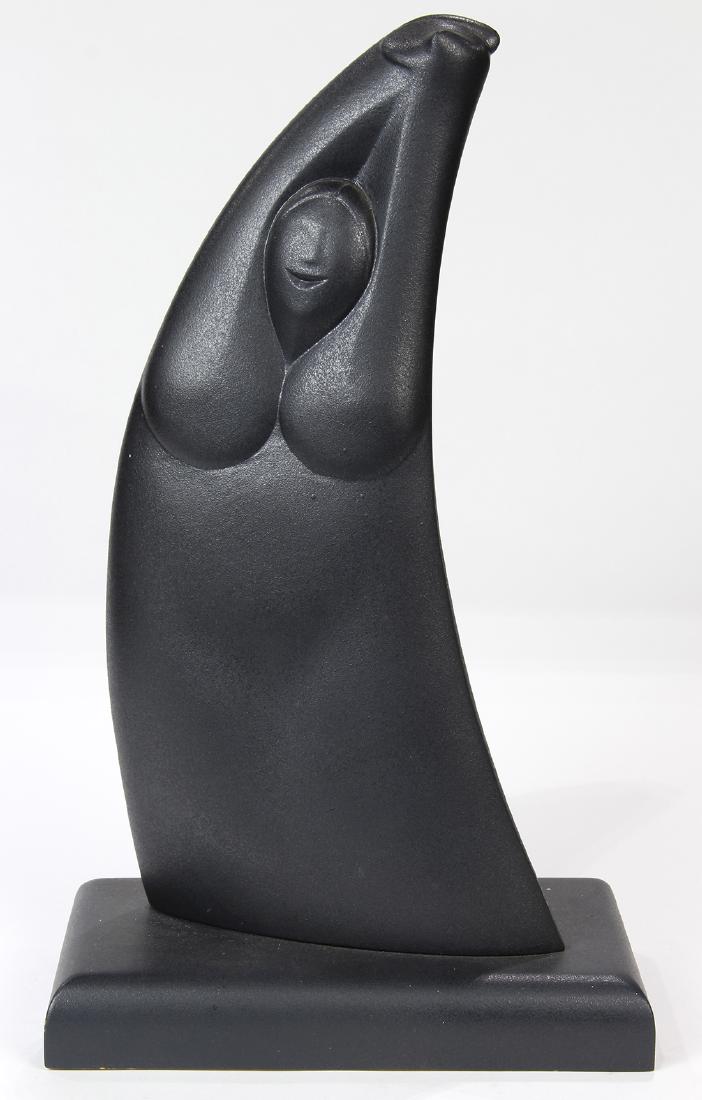 Moderne carved wood sculpture, depicting a female, her: Moderne carved wood sculpture, depicting a female, her arms outstretched, and rising on a rectangular base, marked on base, 17.5"h