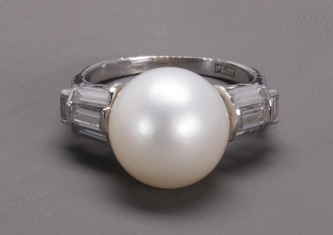 Cultured pearl, diamond and platinum ring (1 of 5)