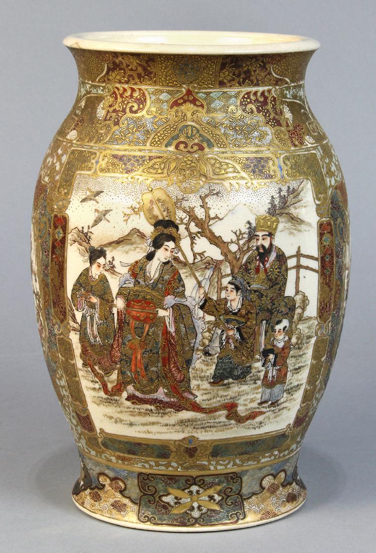 Japanese Satsuma Vase, Meiji: Japanese Satsuma vase, short neck above ovoid form body depicting figures, including monk, rakan, children, beauty with birds and flowers in panels in gilt and colors, approx. 10"h