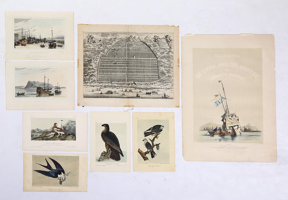 Prints of 19c China by European Artists: (lot of 8) Prints of 19th century China by European artists: Auguste Borget (French 1808â€“1877), "Sketches of China and Chinese", "Ile de Namo"; I Clark , "See Lang Shan", "Tong Chow"; together 