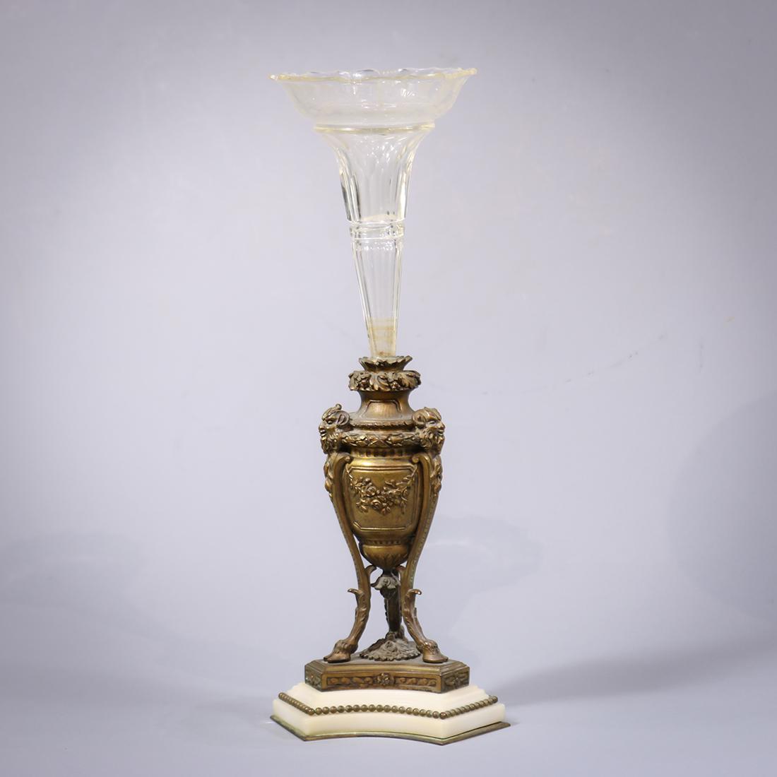 Renaissance Revival epergne, the conical fluted vase: Renaissance Revival epergne, the conical fluted vase above the bronze urn form standard, rising on a tripartie alabaster base, 14.25"h