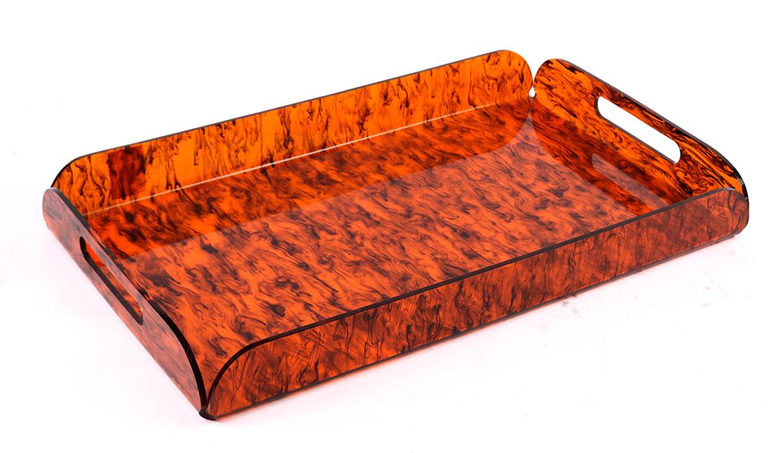 Vintage Lucite bar tray, circa 1975 having an orange: Vintage Lucite bar tray, circa 1975 having an orange and brown mottled finish, 20"l x 12"w