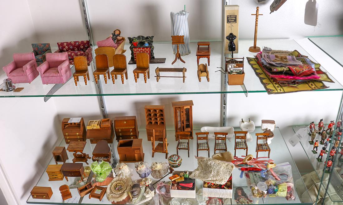 Two shelves of vintage doll house furniture and (1 of 3)