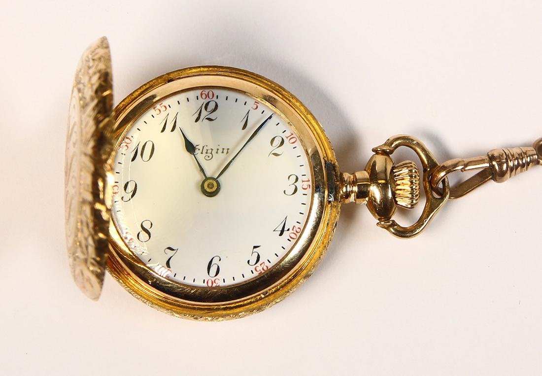 14k yellow gold, diamond and gold-filled hunting case: 14k yellow gold, diamond and gold-filled hunting case pocket watch and chain Dial: round, white, black stylized Arabic numeral hour markers, black outer minutes track, with red Arabic numerals, blued