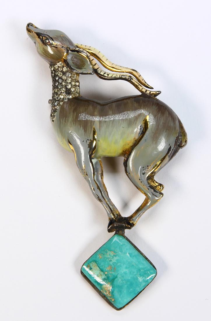 Coro Craft chrysocolla, enamel sterling silver gazelle: Coro Craft chrysocolla, enamel sterling silver gazelle brooch Designed as a gazelle, atop a square chrysocolla cabochon, accented by white stones (1 stone missing) and enamel, marked CORO CRAFT STERLI