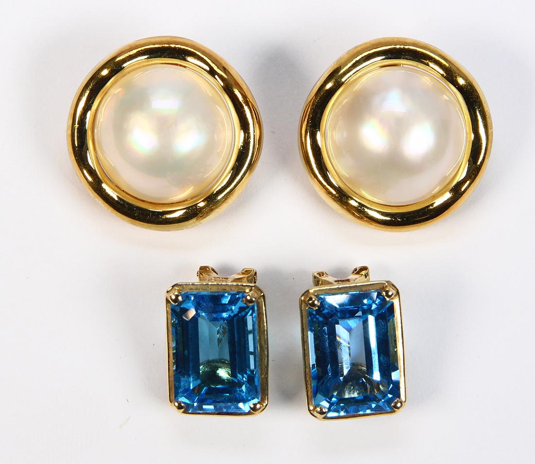 (Lot of 2) Blue topaz, mabe pearl and yellow gold: (Lot of 2) Blue topaz, mabe pearl and yellow gold earrings Including 1) pair of Cellino mabe pearls, measuring approximately 15 mm, set in 18k yellow gold frame mountings, measuring approximately 22 m