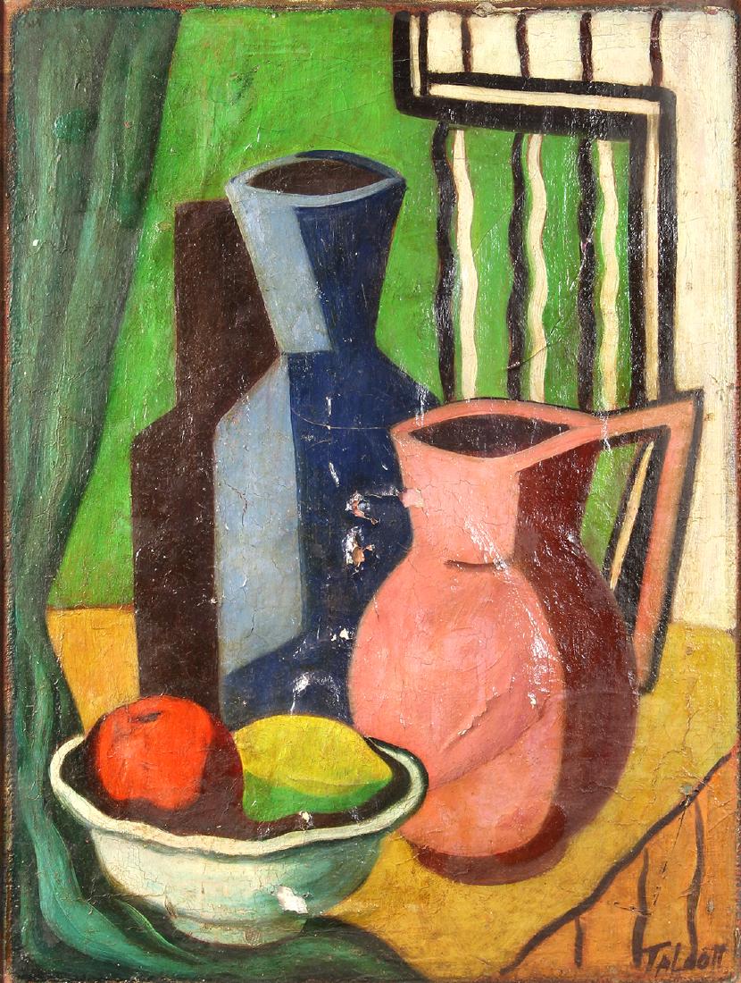 Painting, Cubist Still Life: Cubist Still Life, oil on canvas, signed "T. Taldott" lower right, early 20th century, overall (with frame): 28.5"h x 22.5"w