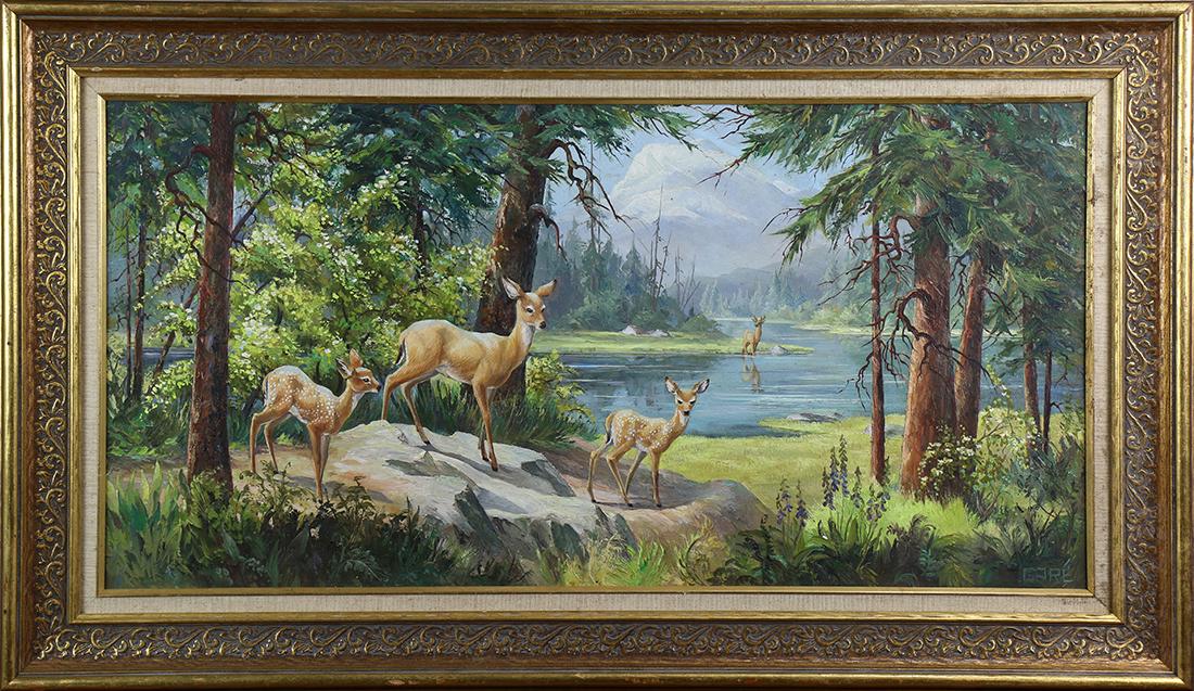 Painting, Gare Barks: Gare Barks (American, 1917-1993), Doe and Fawns, oil on board, signed lower right, board: 17.5"h x 33.5"w, overall (with frame): 22"h x 38"w