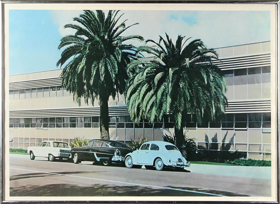 Print, Robert Bechtle, Parked Cars and Palm Trees: Robert Bechtle (American, 1932), Parked Cars and Palm Trees, offset lithograph in colors, pencil signed lower right, overall (with frame): 21"h x 28.75"w