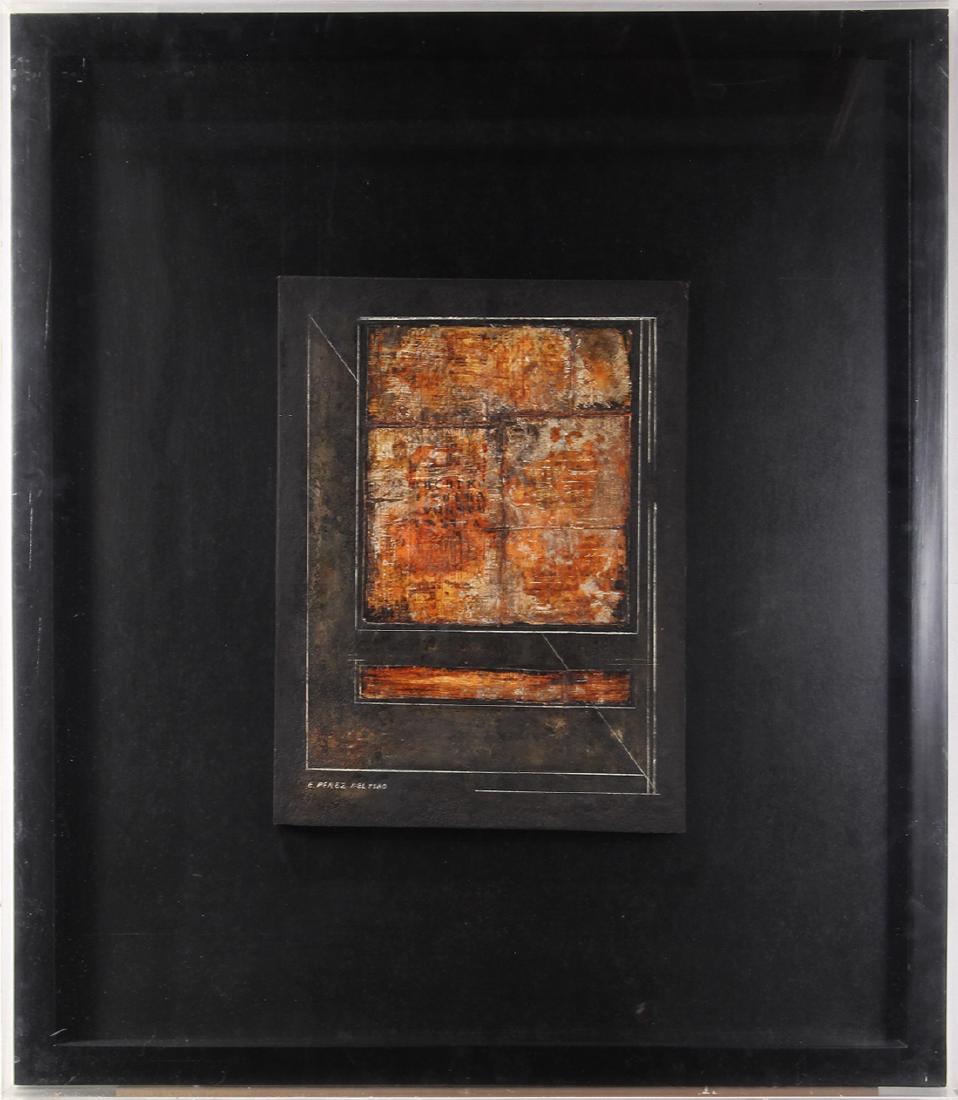 Mixed Media, Eugenia Perez del Toro: Eugenia Perez del Toro (Mexican, 20th century), "Las Texturas de la Apariencia Tejiendo Con Los Hilos de la Historia," mixed media on masonite, signed lower left, artist label affixed verso with refer