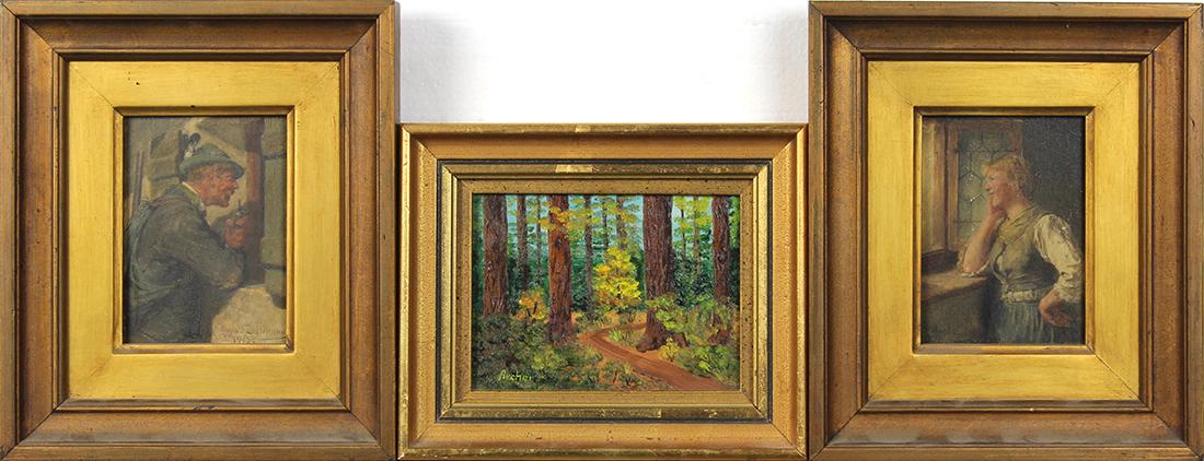 Paintings, European School (20th century): (lot of 3) European School (20th century), Portrait of a Man with Hat (1903), Portrait of a Lady, and Wooded Landscape, oils on board, one signed indistinctly "Gino Fustmann" and dated and one signed 