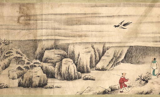 Chinese Handscroll, Manner of Chen Jiru, Landscape: Chinese handscroll, manner of Chen Jiru (Chinese,1558-1639), Landscape, ink and color on paper, of two figures, trees, and wild geese in a poetic river scene, bearing signature and two seals,