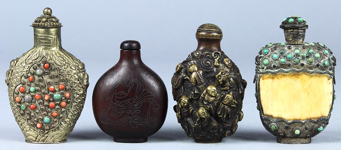 Chinese/Mongolian Metal Snuff Bottles: (lot of 4) Chinese/Mongolian snuff bottles: the first, a wire inlaid wood bottle, with seated luohan; second, a bronze piece cast with Eighteen Luohan; third, metal bottle with zoomorphic handles, fla