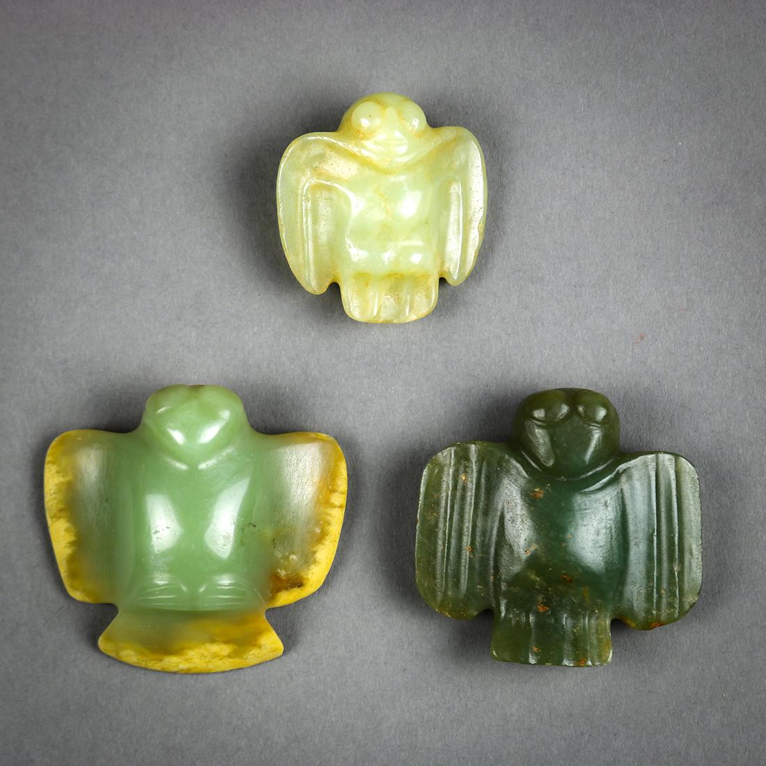 Chinese Hongshan Style Bird Form Toggles: (lot of 3) Chinese Hongshan style hardstone toggles, each in the form of a splayed bird, 2"w