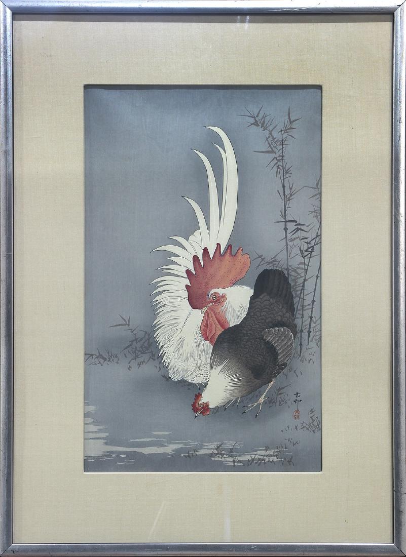 Japanese Woodblock Print, Ohara Koson: Ohara Koson (Japanese, 1877-1945), "Rooster and Hen", woodblock print, lower right with the signature and seal, sight: 16"h x 9.75"w. frame: 23"h x 16.75"w