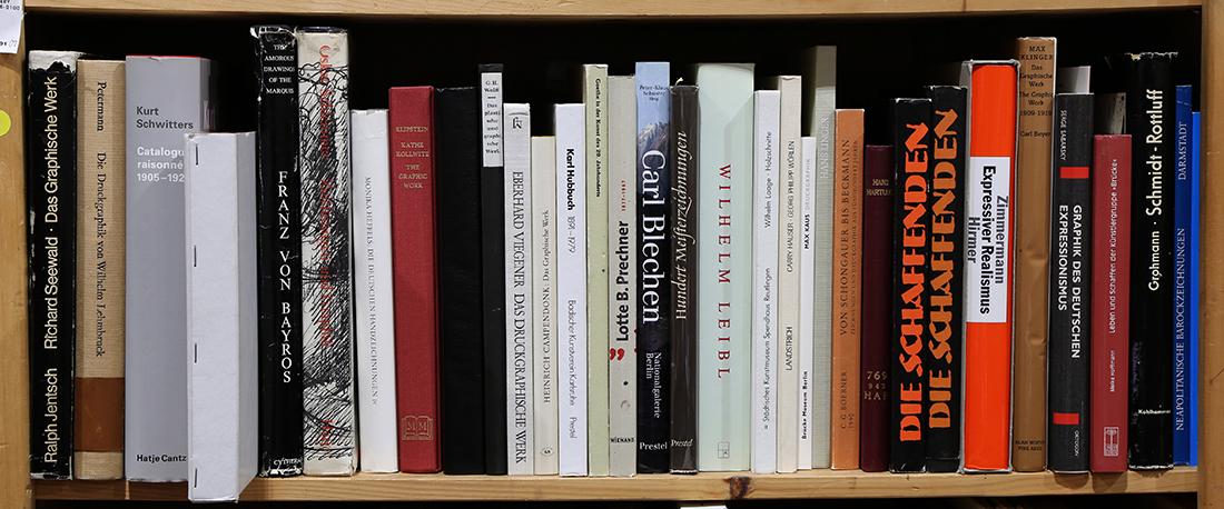 (Lot of approx 34) Volumes of books in German: (Lot of approx 34) Volumes of books in German, including catalog raisonnes of Max Klinger, Oska Schlemer, Kurt Schwitters and others. (note: proceeds to benefit the Friends of the Menlo Park Public Li
