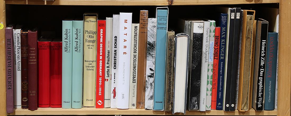 (Lot of approx 34) Volumes of books on German artists: (Lot of approx 34) Volumes of books on German artists in German, including catalog raisonnes of Alfred Kubin, Max Klinger, Lovis Corinth and others. (note: proceeds to benefit the Friends of the Menlo