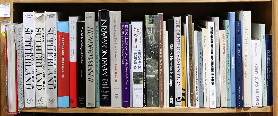 (Lot of approx 40) Volumes of books on contemporary art: (Lot of approx 40) Volumes of books on contemporary art, including catalog raisonnes of Hundertwasser, David B. Milne, Graham Sutherland, Per Kirkeby and others. (note: proceeds to benefit the Friends