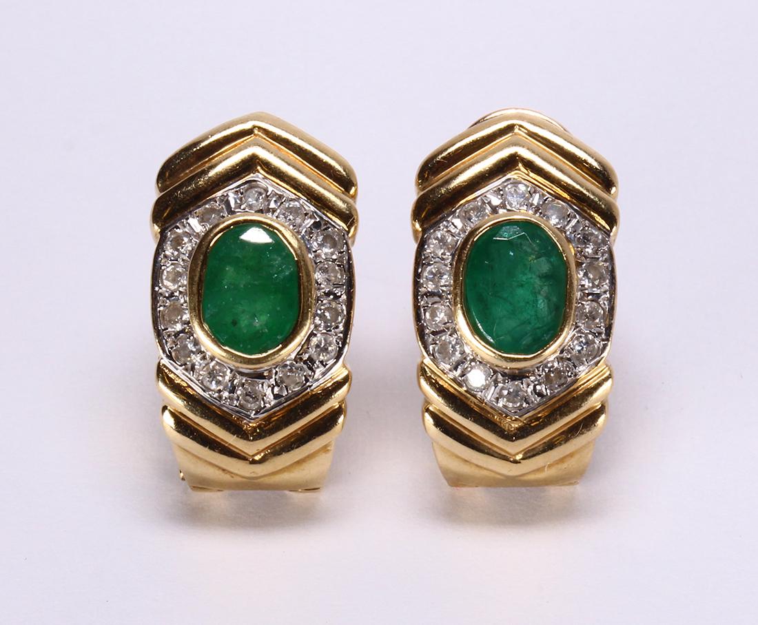 Pair of emerald, diamond and 14k yellow gold earrings (1 of 2)