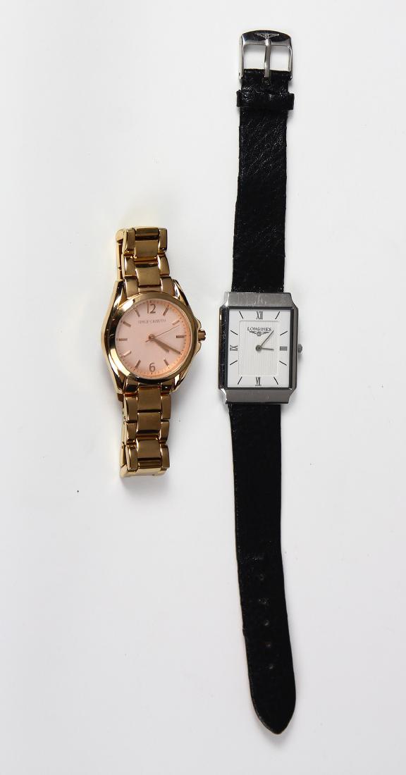 (Lot of 2) Metal wristwatches: (Lot of 2) Metal wristwatches Including 1) Longines leather wristwatch; together with 1) lady's Vince Camuto R metal bracelet wristwatch