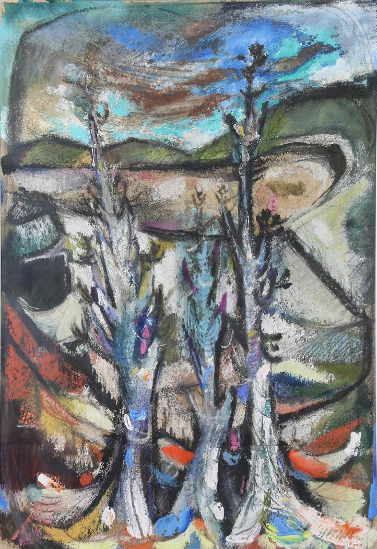 Work k on Paper, Syd Solomon: Syd Solomon (American, 1917-2004), "Trio," mixed media on paper, signed upper right, Mississippi Art Association label affixed verso, sight: 24"h x 16.25"w, overall (with frame): 31.25"h x 23.5"w