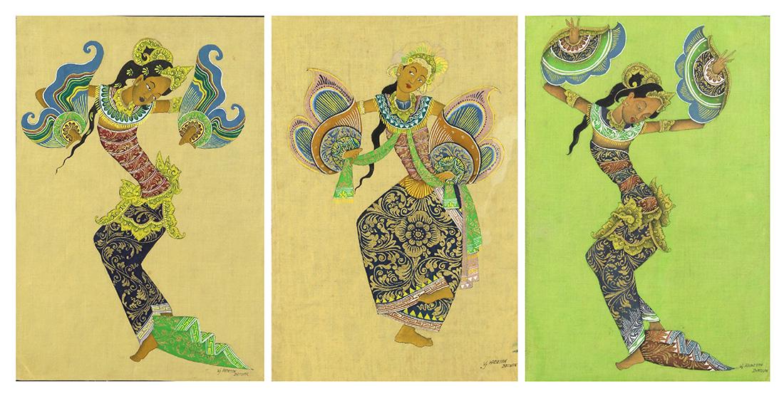 Paintings by Wayan Kabetan: (lot of 3) Wayan Kabetan (Balinese, 1931-2006), Balinese Dancers, gouaches and ink on linen, each signed lower right, overalls (each framed): 18.25"h x 13.25"w; Provenance: Stanford Research Institute