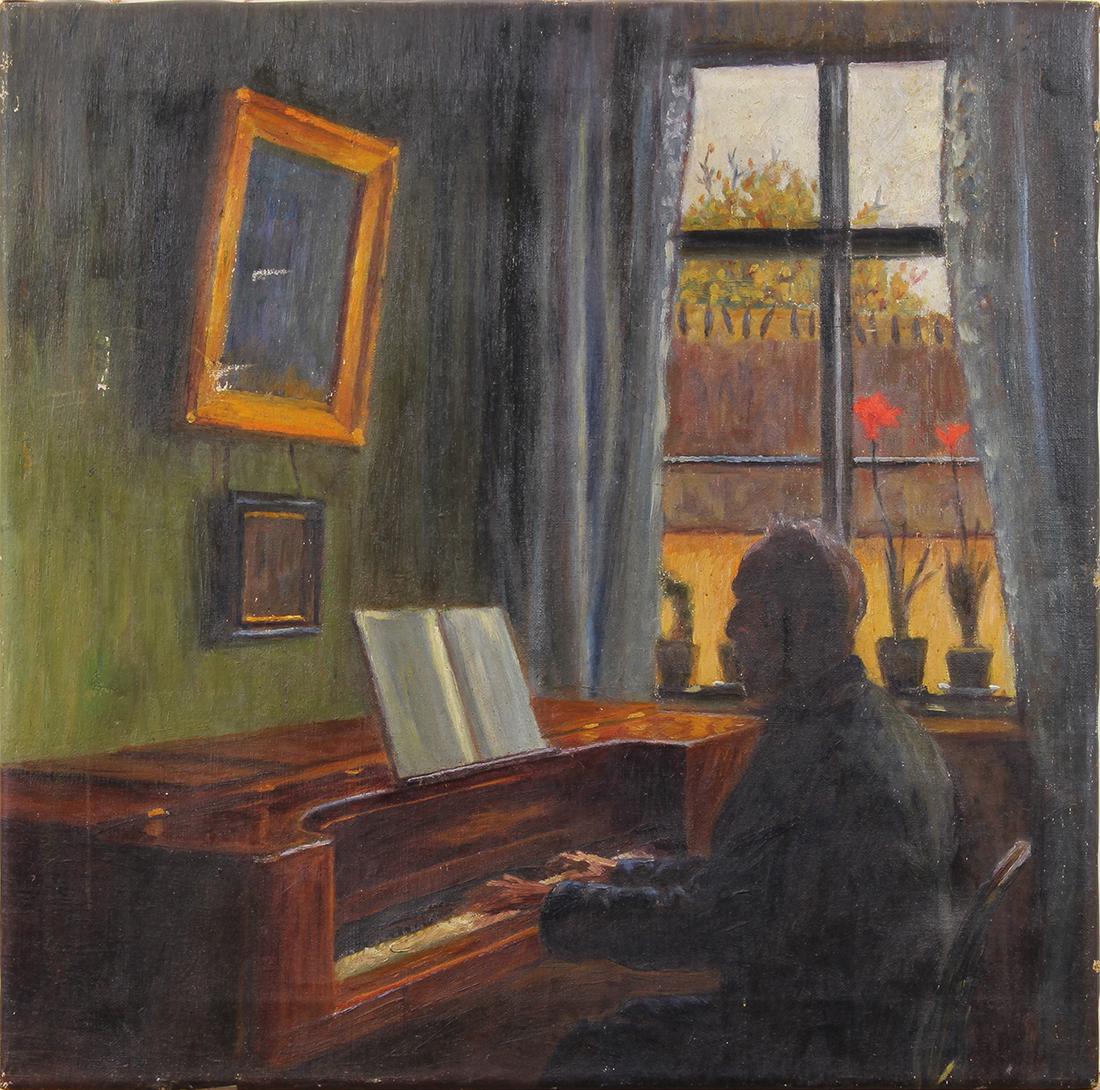 Painting Artist at the Piano: Artist at the Piano, oil on canvas, unsigned, 20th century, canvas (unframed): 20"h x 20"w